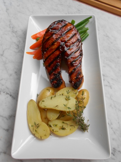 Grilled Hoisin Glazed Salmon, with Green Beans, Carrots and Fingerling Potatoes